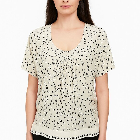 Sandro Size 2 Short Sleeve Scoop Neck Cream and Black Star Celestial Silk Blouse - Picture 1 of 8